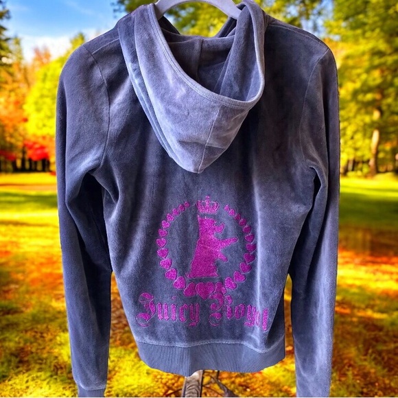 Juicy Couture Velour Zip Gray Hoodie Jacket Y2K Logo Royal Scotty Dog - Picture 3 of 13
